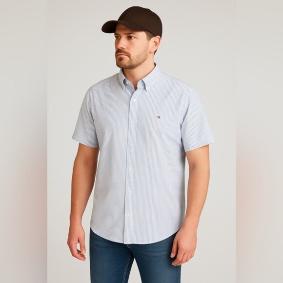 Tommy Hilfiger Men’s Short Sleeve Striped Oxford Shirt - Blue/White - Size XXL - Picture 1 of 9